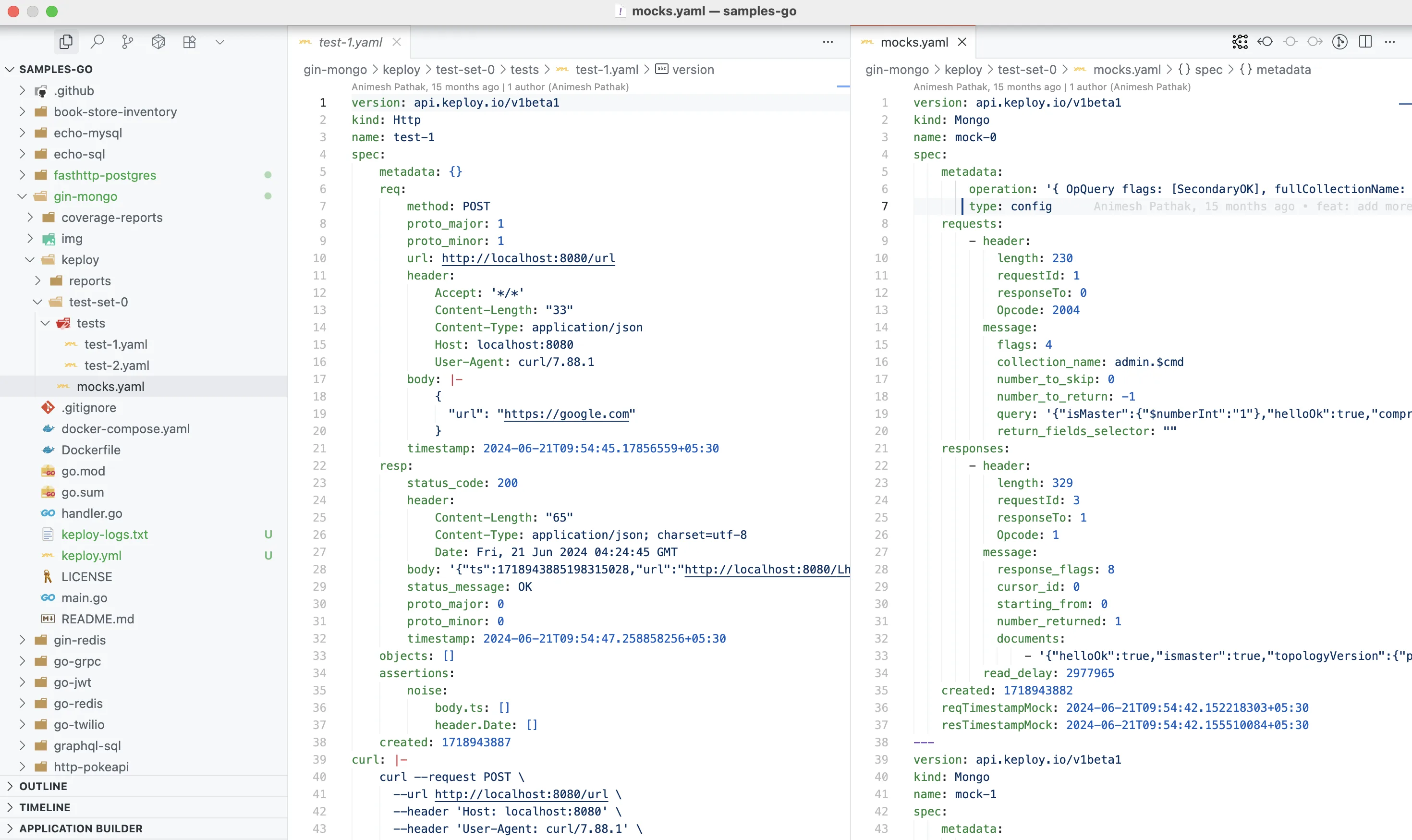 Sample Keploy Test case and Mock for Gin MongoDB