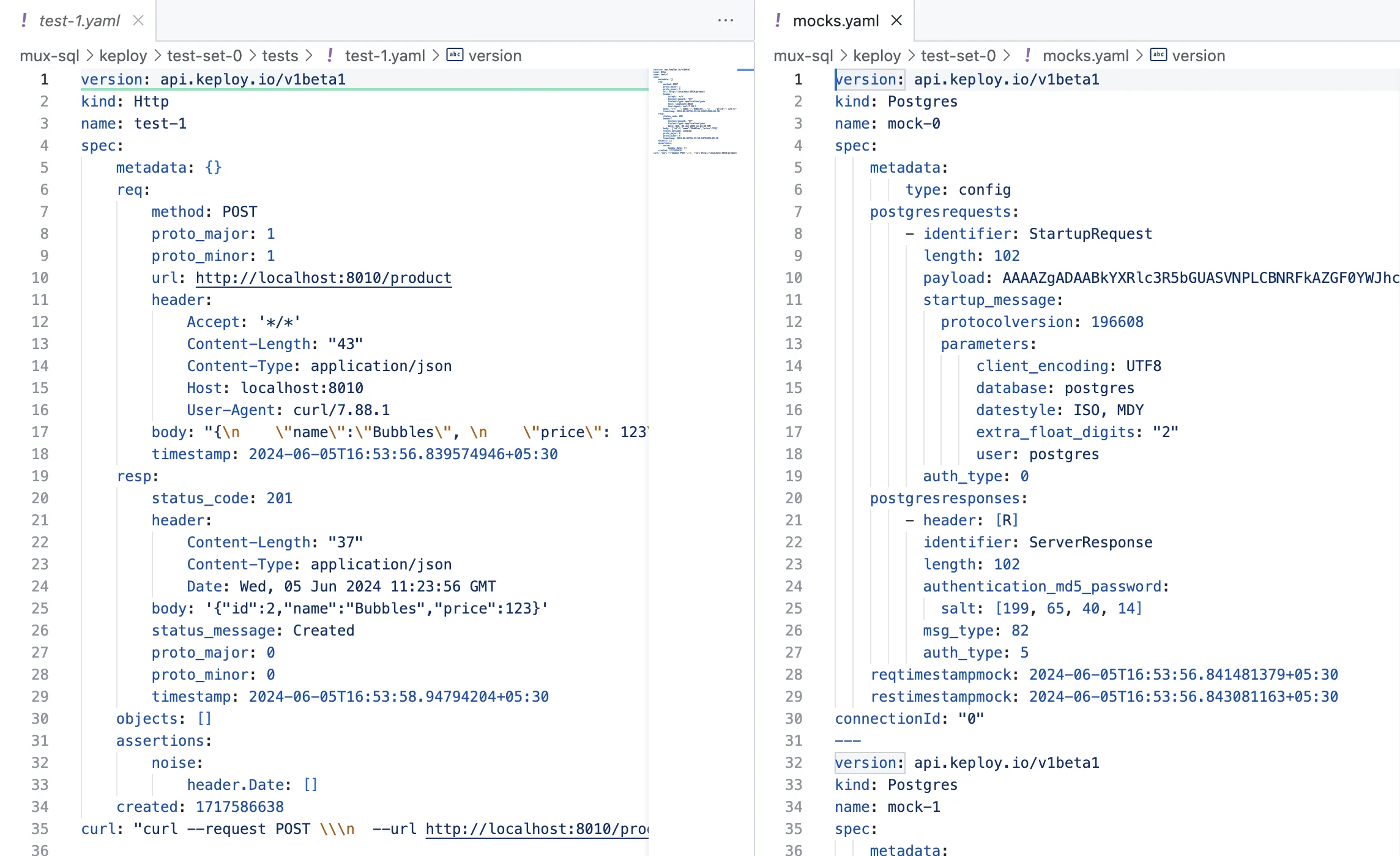 Sample Keploy Test case and Mock for Mux SQL
