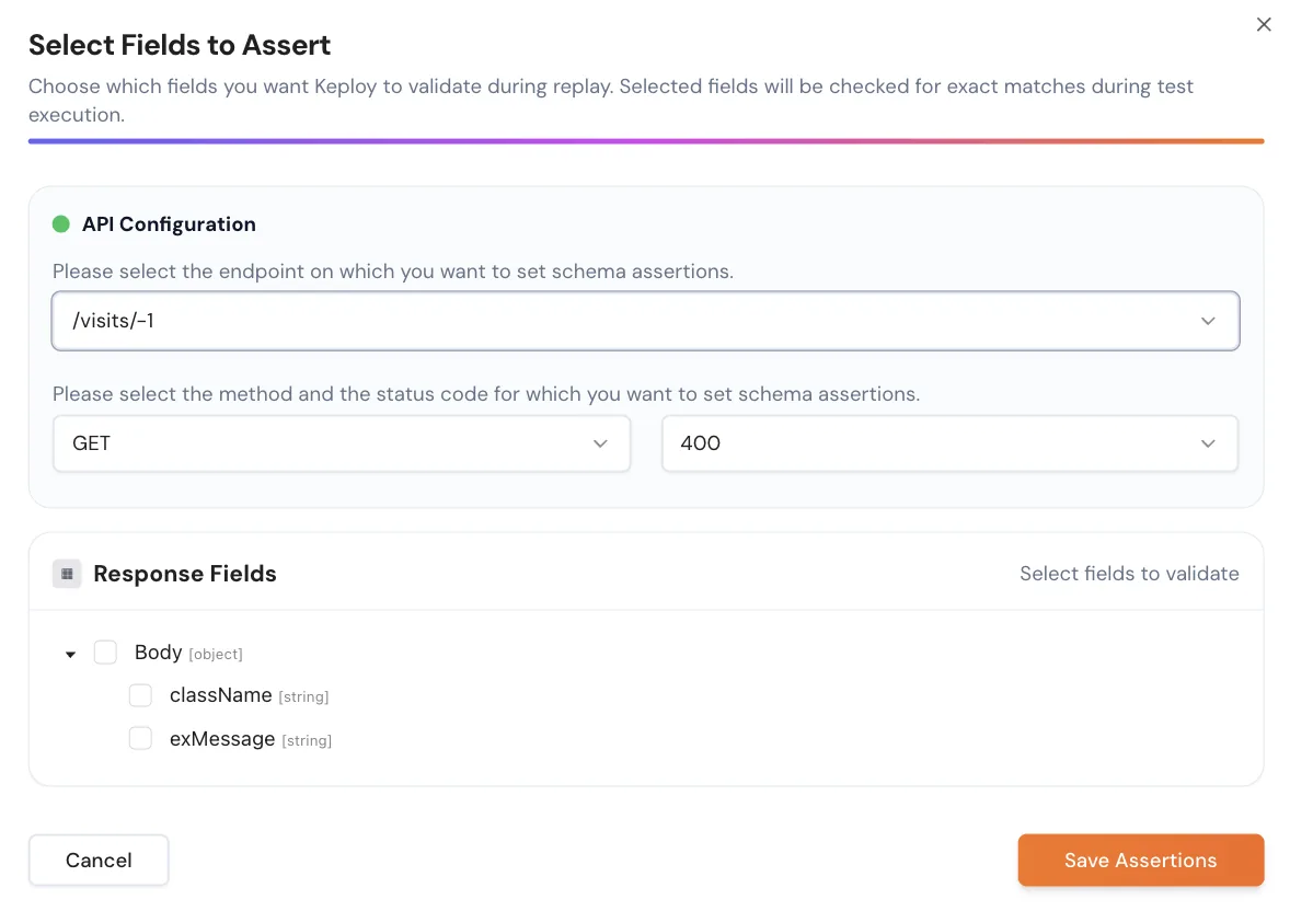 Schema assertion configuration selecting response fields on a Keploy API test
