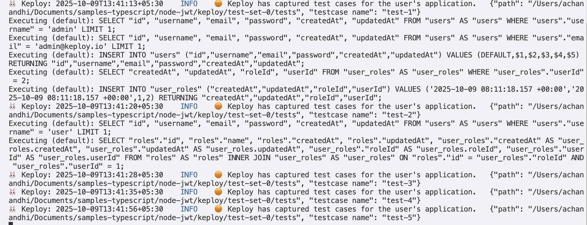 Sample Keploy Test Result Node JWT