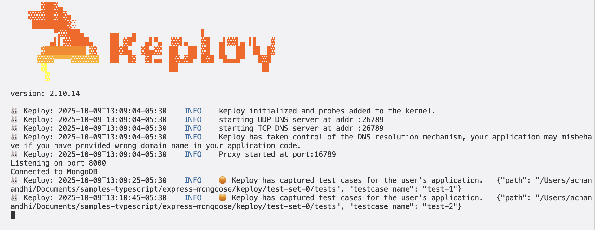 Sample Keploy Test Result Node MongoDB